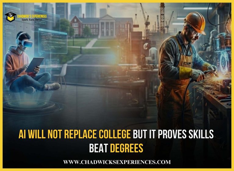 Editorial image showing a college lecture hall contrasted with hands-on skilled trade work, representing skills vs degrees in the AI era.