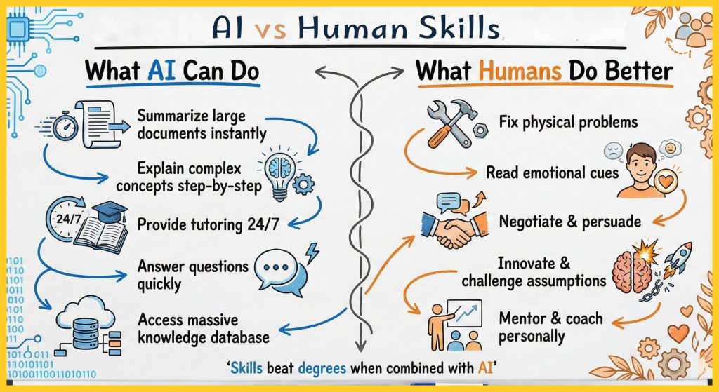 Whiteboard-style infographic comparing AI vs human skills in 2026, showing AI strengths like tutoring, summarizing, and information access versus human strengths such as physical skills, emotional intelligence, critical thinking, and hands-on problem solving.
