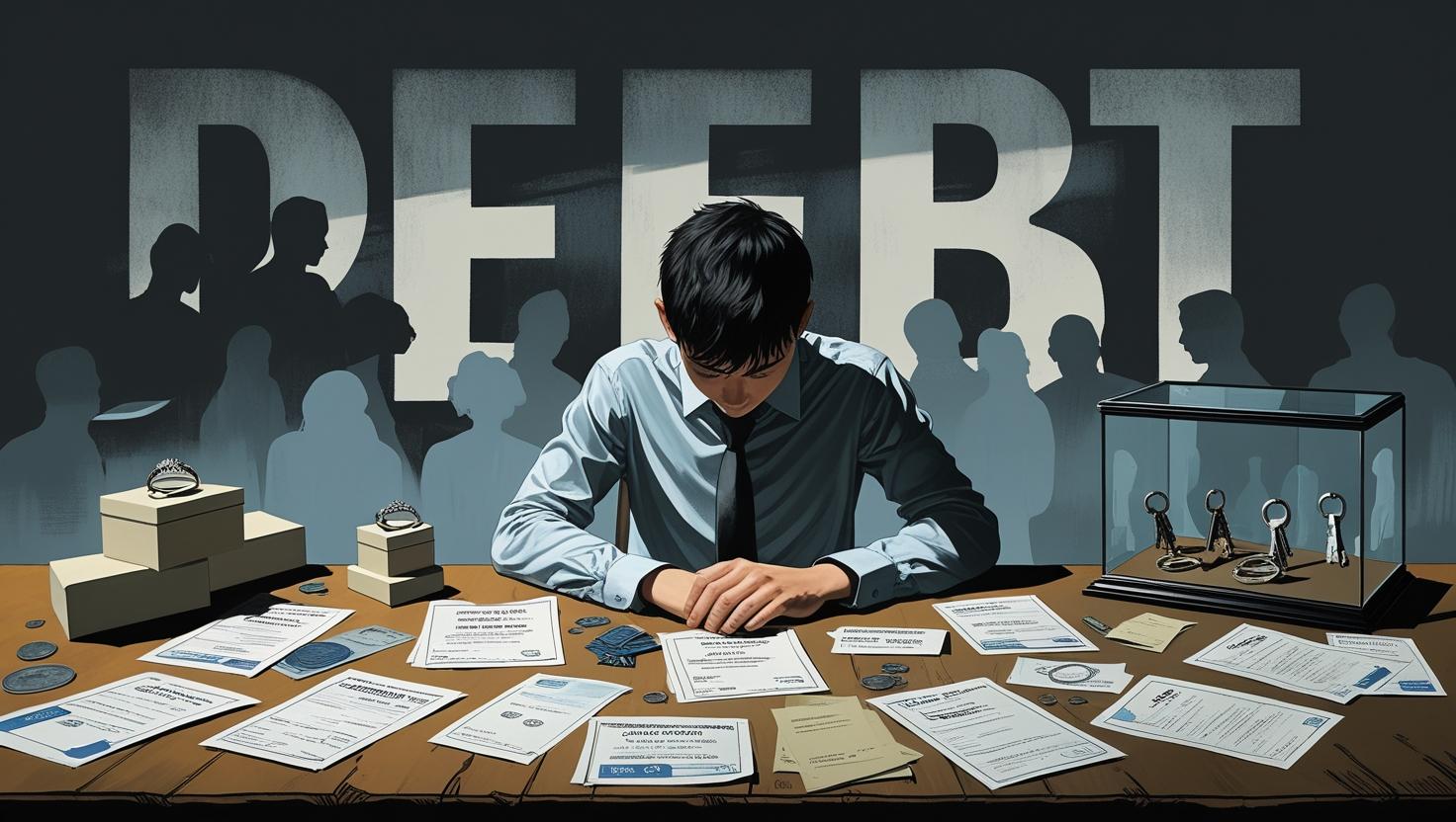A stressed young adult sitting at a desk covered with student loan bills, while the shadow of the word “DEBT” looms behind them. A locked wedding ring box and house keys symbolize delayed life goals, and whispering silhouettes in the background represent social stigma.