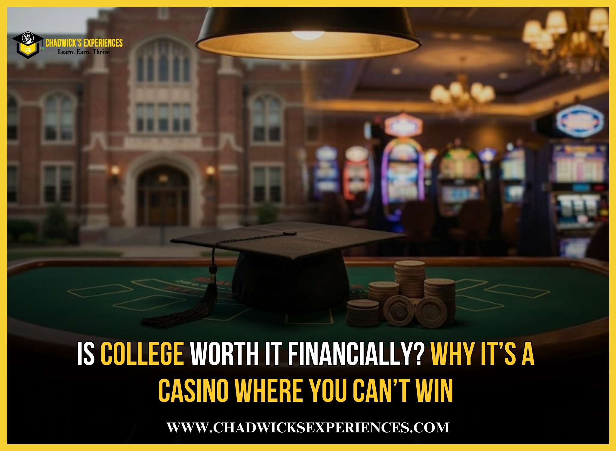 Conceptual illustration showing college as a financial gamble, blending a graduation cap, student loans, and casino imagery