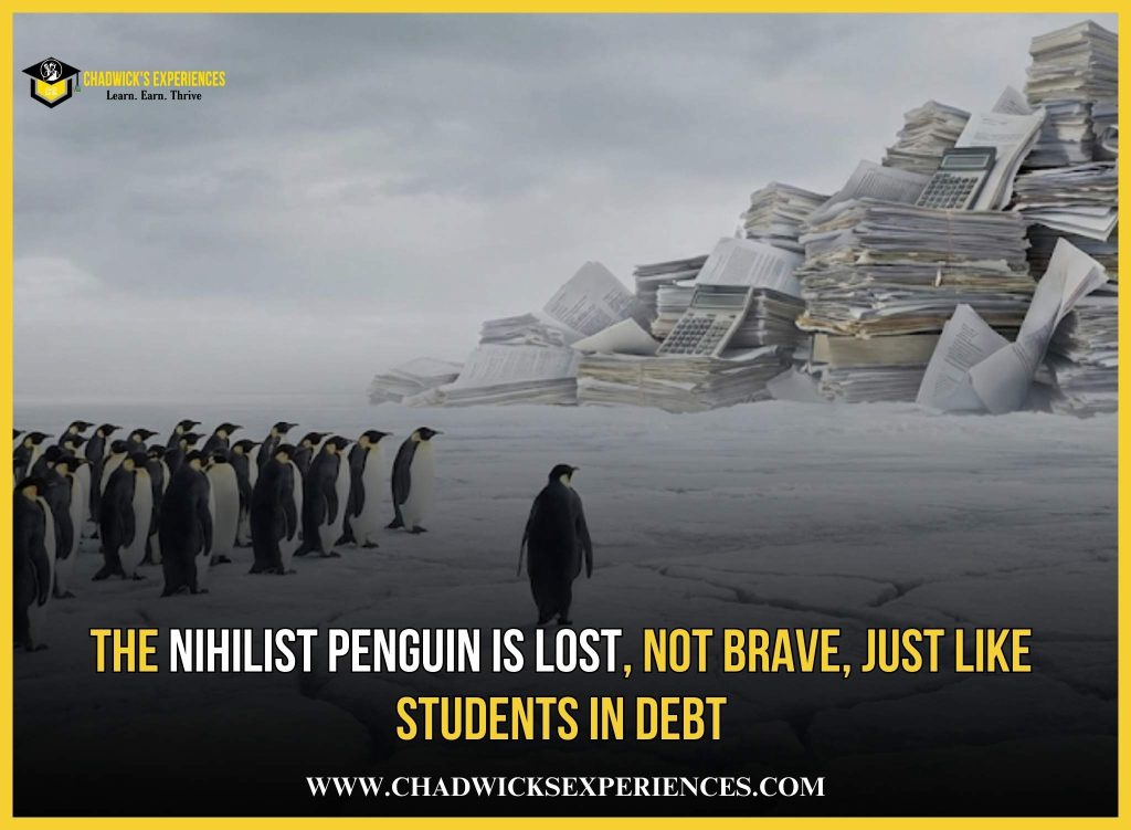 Surreal artwork of a penguin walking toward a mountain of debt paperwork and calculators, symbolizing the student loan crisis.