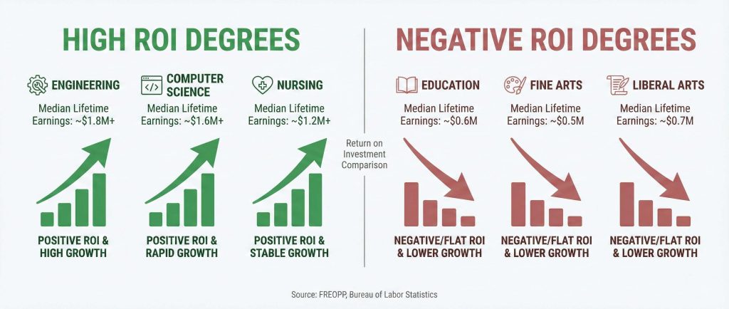Horizontal infographic comparing college return on investment by major showing high ROI and negative ROI degrees