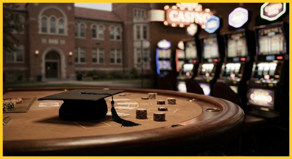 College compared to a casino highlighting hidden financial risks and student loan debt