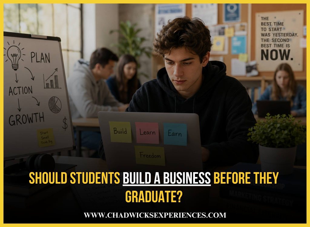 College student building a business before graduation while sitting at a laptop on campus