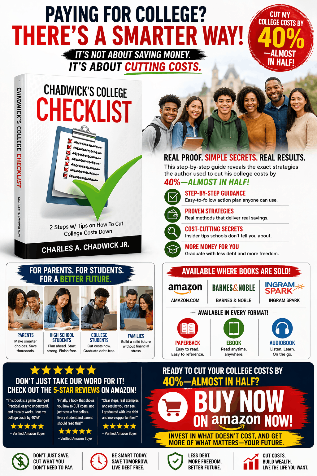 romotional banner for the book "Chadwick's College Checklist" by Charles A. Chadwick Jr., featuring smiling students and outlining step-by-step strategies to cut college costs by 40 percent. The graphic highlights 5-star reviews and purchase options for paperback, ebook, and audiobook formats on Amazon, Barnes & Noble, and Ingram Spark.