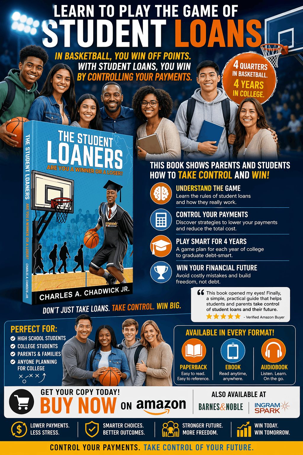 Advertisement banner for "The Student Loaners" by Charles A. Chadwick Jr., using a basketball theme to compare managing student loan payments to winning a four-quarter game. It promotes strategies for students and families to lower payments and reduce total education costs, showing availability in multiple formats on Amazon and Ingram Spark.