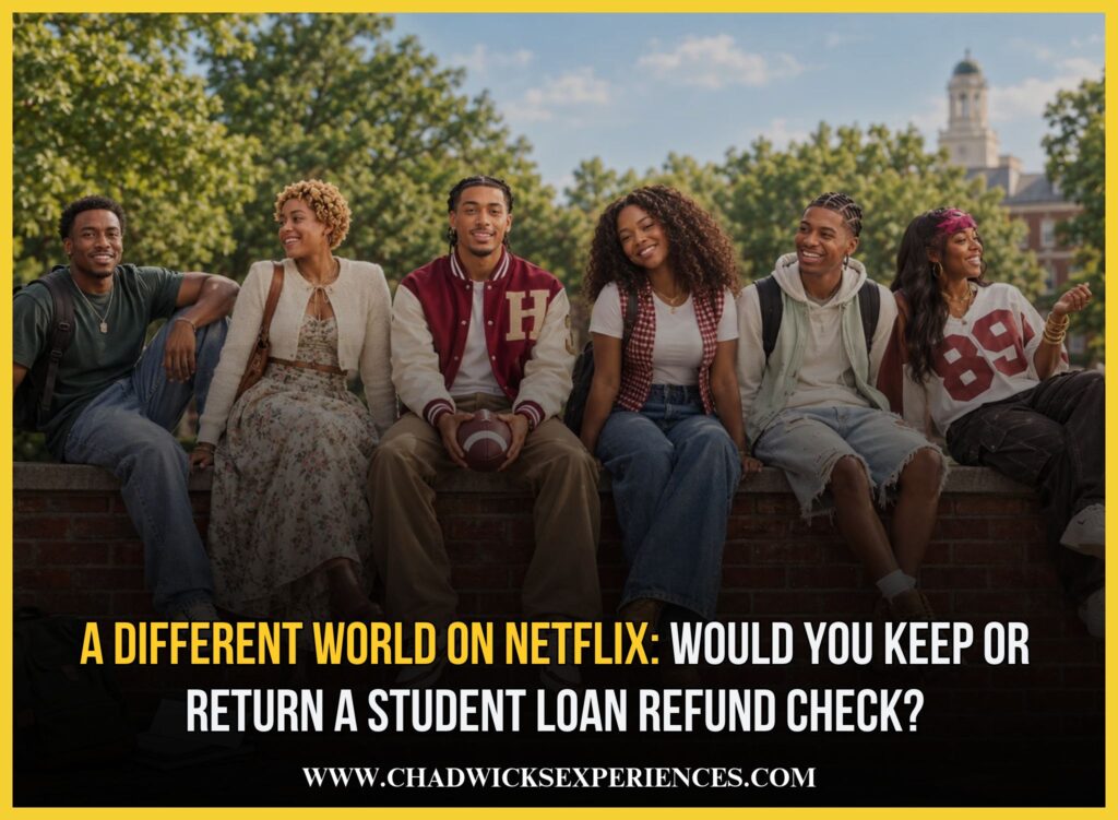 A Different World Netflix student loans cast and financial aid refund check scene.
